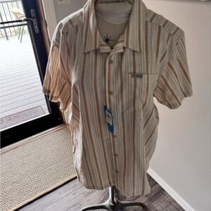 Columbia Tan and White Casual Button Down Shirt with Short Sleeves